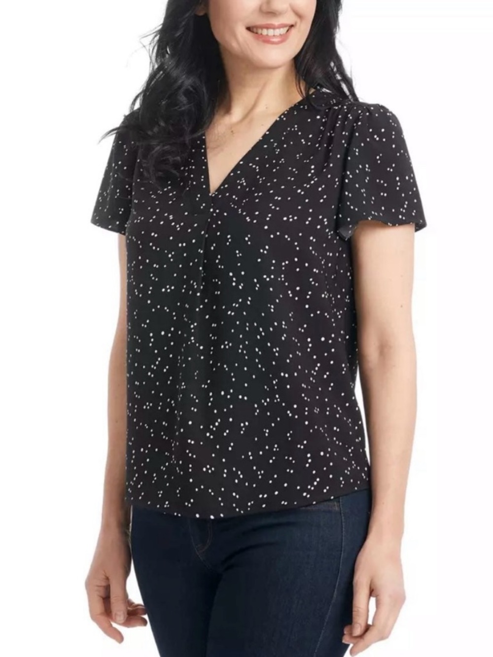 Hilary Radley Black V-Neck Dot Print Blouse